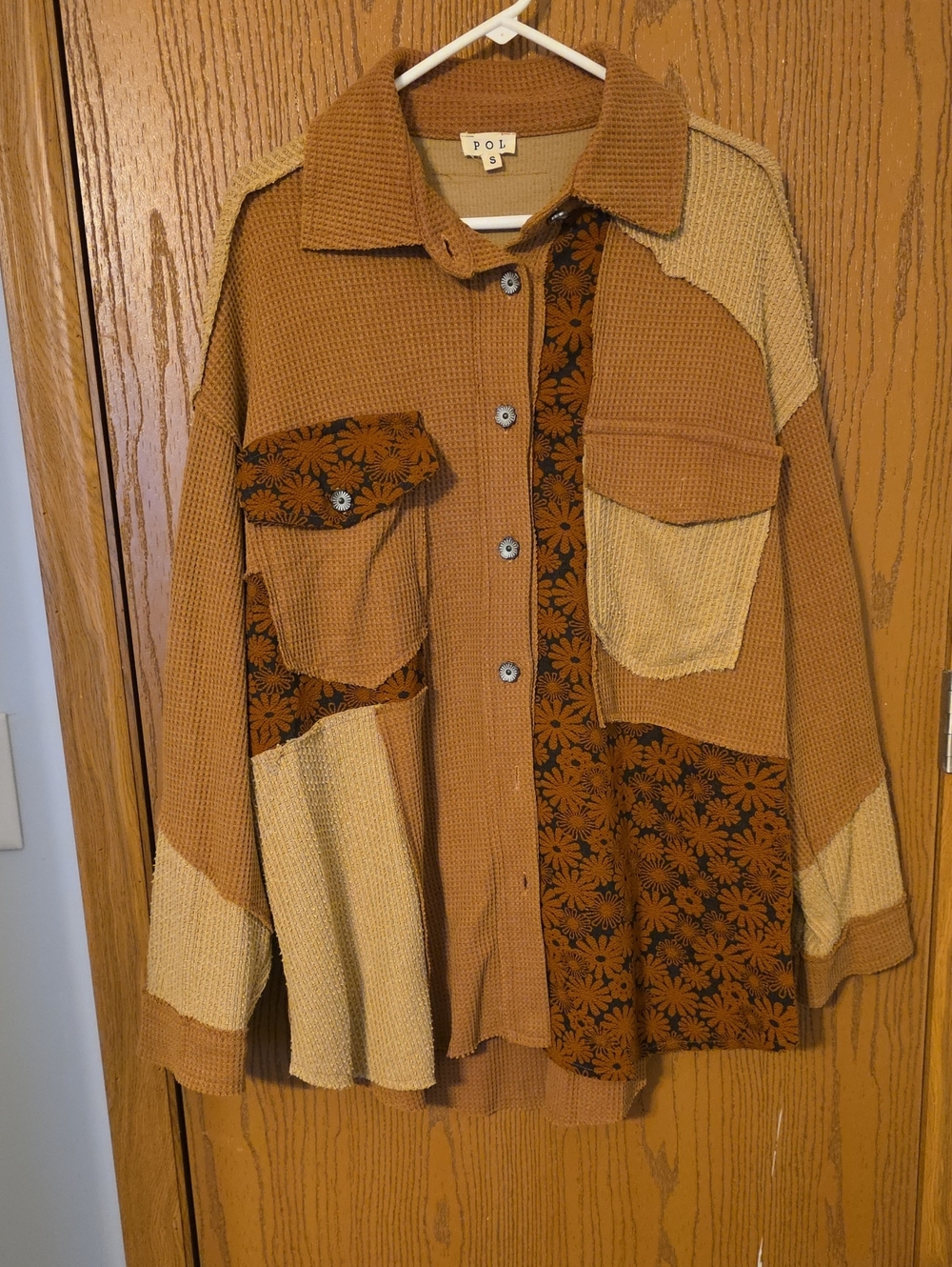 POL Patchwork Waffle Knit Utility Jacket in Rust and Cream Ptp 23-26,l 33 NWOT